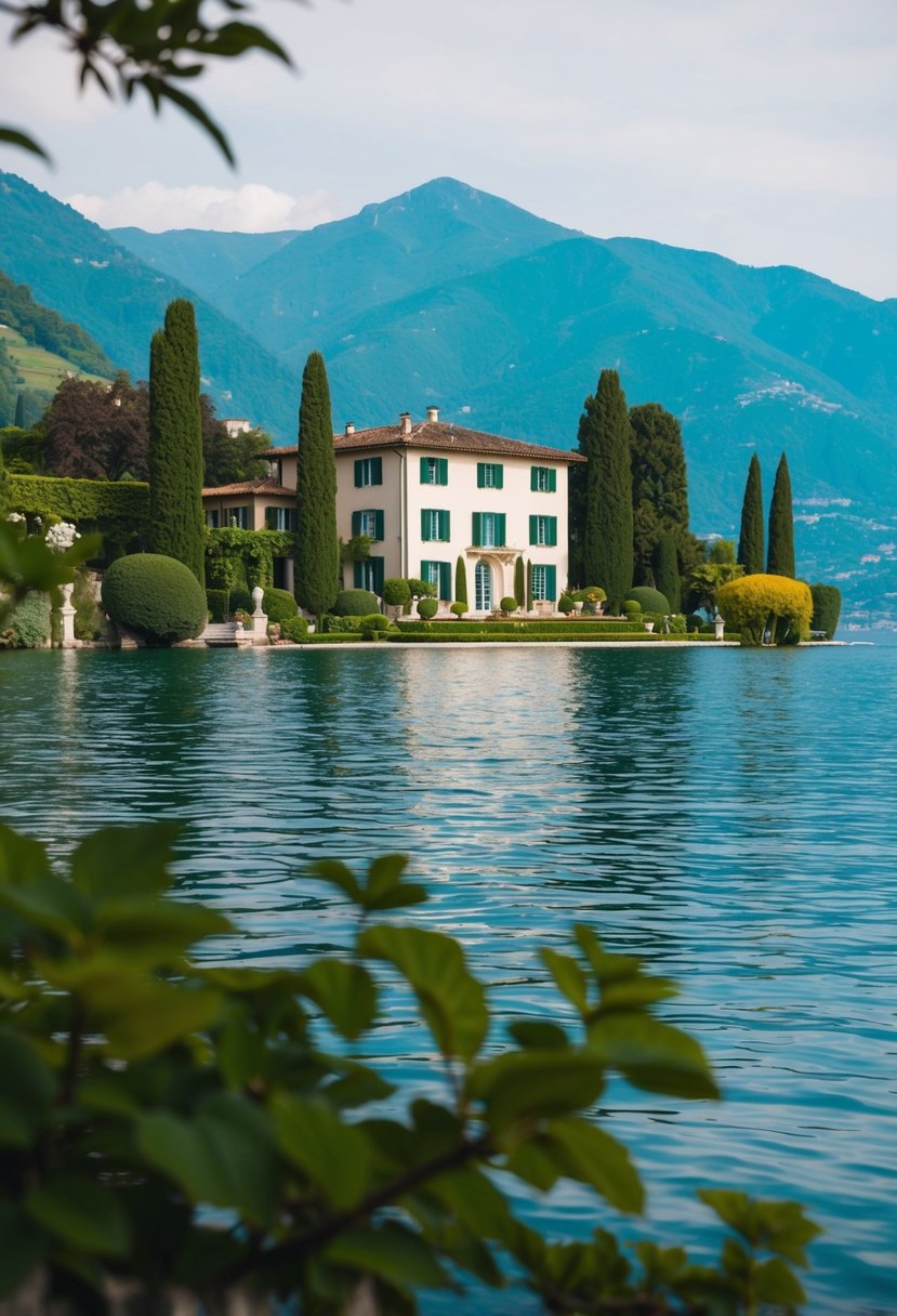 A serene lakeside villa with lush gardens and a backdrop of rolling hills in Lake Como, Italy