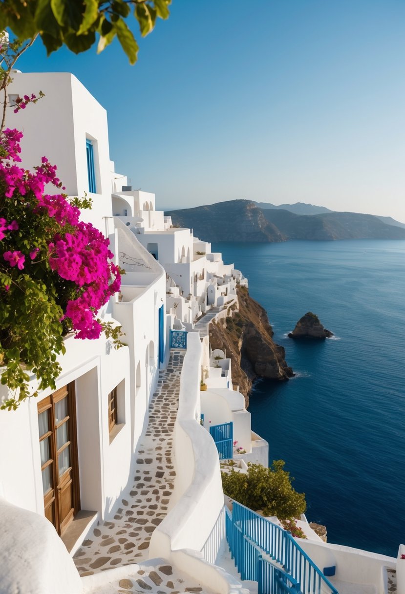 White-washed buildings cling to cliffs overlooking the deep blue Aegean Sea. Bright bougainvillea and cobblestone streets complete the picturesque scene