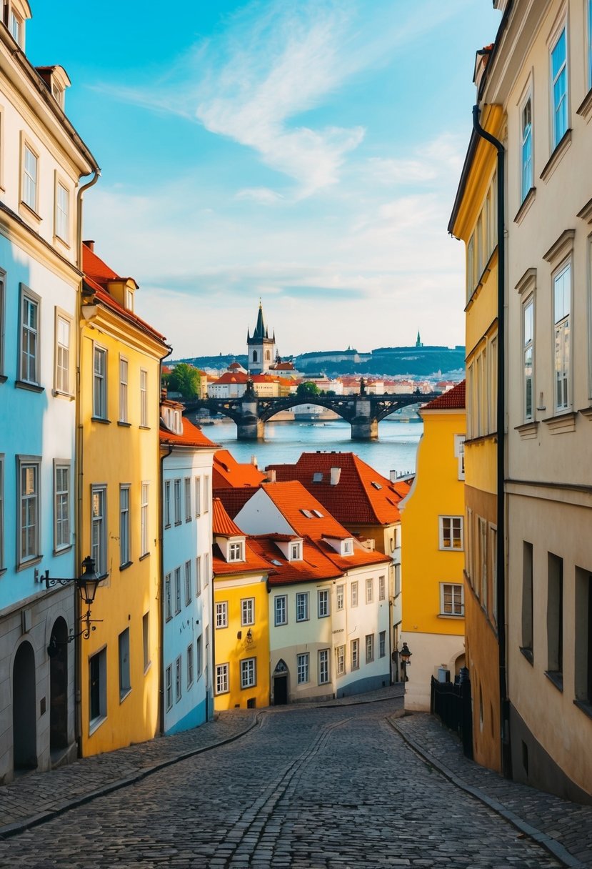 A cobblestone street winds through colorful buildings in Prague, Czech Republic, with a view of the iconic Charles Bridge and the Vltava River