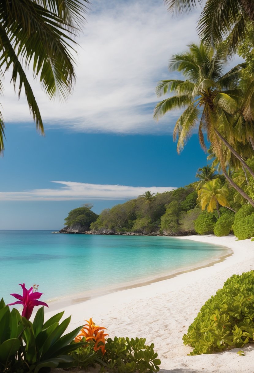 A serene beach with crystal-clear waters and white sandy shores, surrounded by lush greenery and colorful tropical flowers