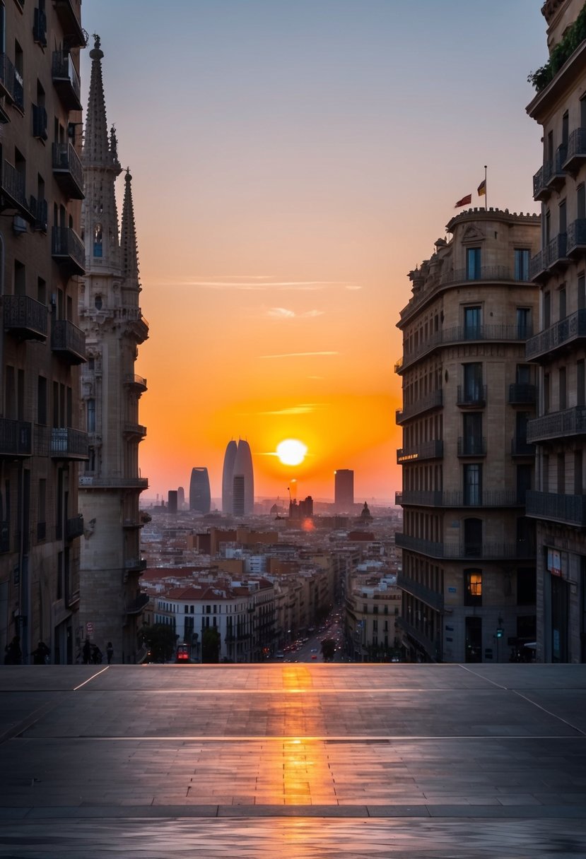 The sun sets over Barcelona's iconic skyline, casting a warm glow on the historic architecture and bustling city streets