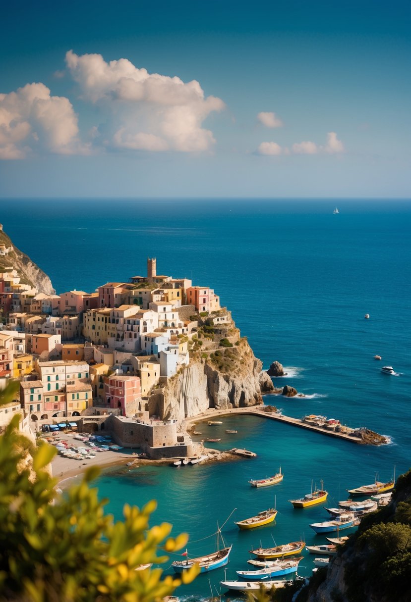 A cliffside village overlooks the turquoise sea, with colorful buildings cascading down the hillside and fishing boats dotting the harbor