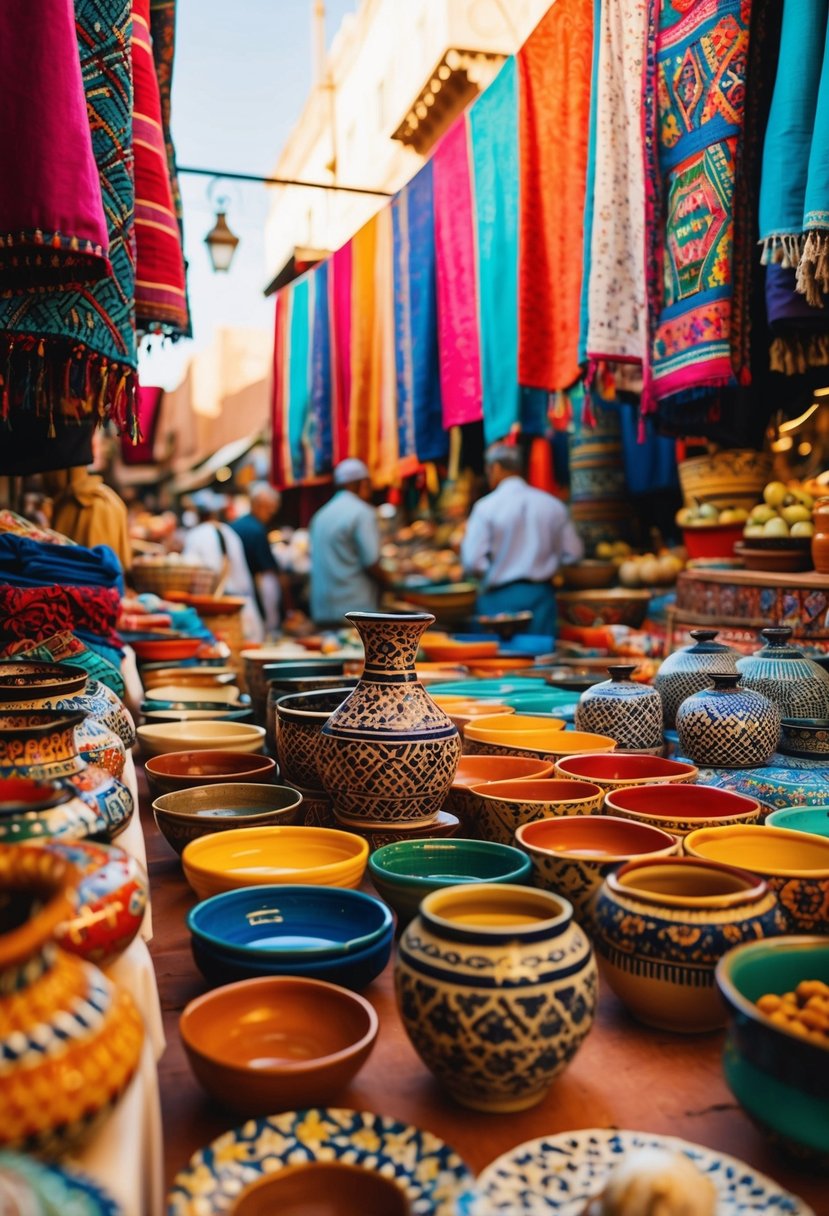 Vibrant Marrakech market with colorful textiles, intricate pottery, and bustling street vendors