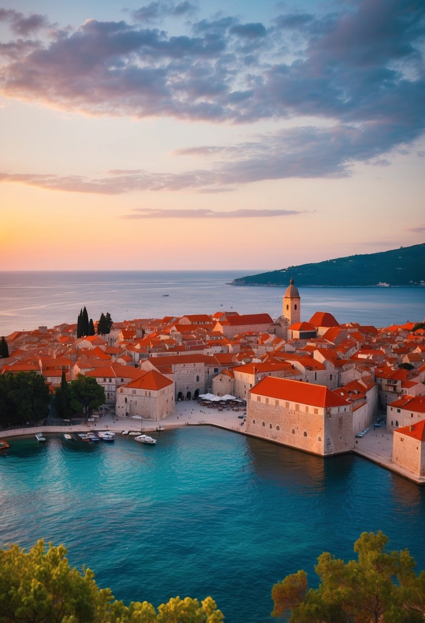 A sunset view of Dubrovnik's old town, with red-roofed buildings nestled between the Adriatic Sea and lush greenery