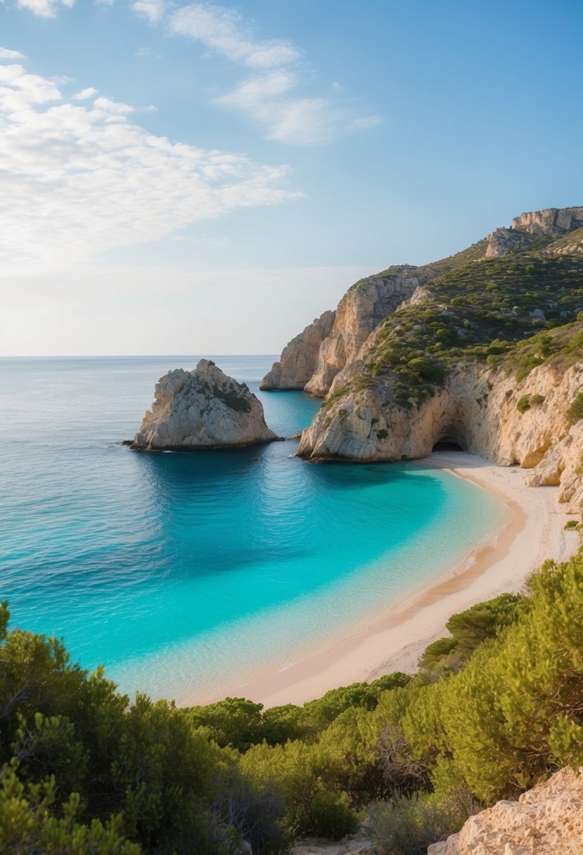 A serene beach with crystal-clear turquoise waters, surrounded by rugged cliffs and lush greenery, perfect for a romantic Sardinian honeymoon