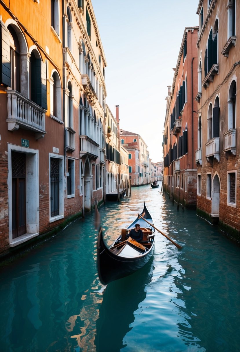 A gondola glides through the narrow canals of Venice, passing by ancient buildings and colorful storefronts under the warm Italian sun