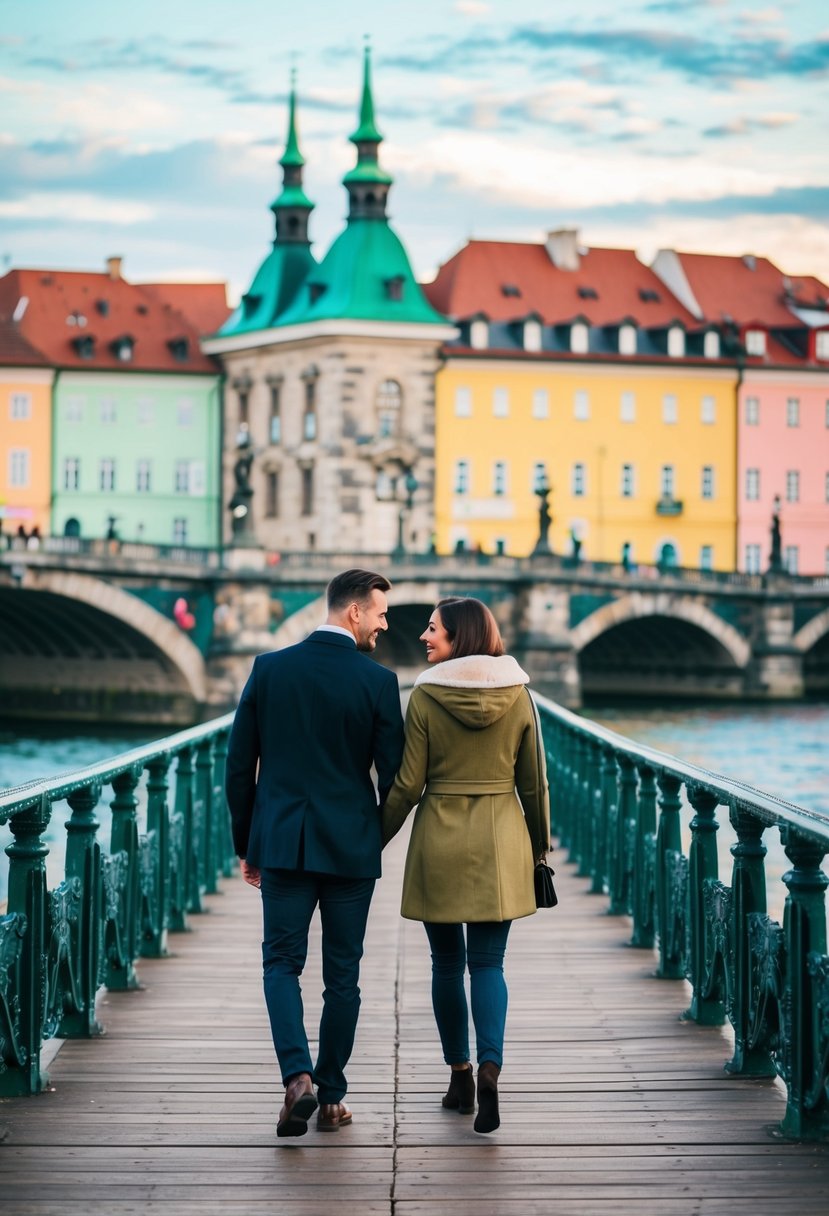 A couple strolls across the historic Charles Bridge, with colorful buildings and the Vltava River in the background