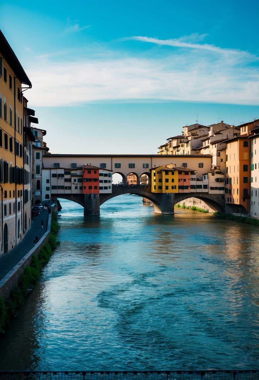 A scenic view of the Ponte Vecchio bridge over the Arno River, with colorful buildings lining the riverbanks and a clear blue sky overhead