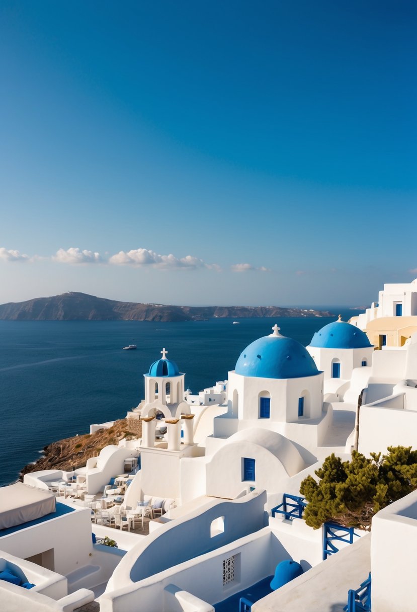 A scenic view of Mykonos, Greece with white-washed buildings, blue domes, and a clear blue sky overlooking the Aegean Sea