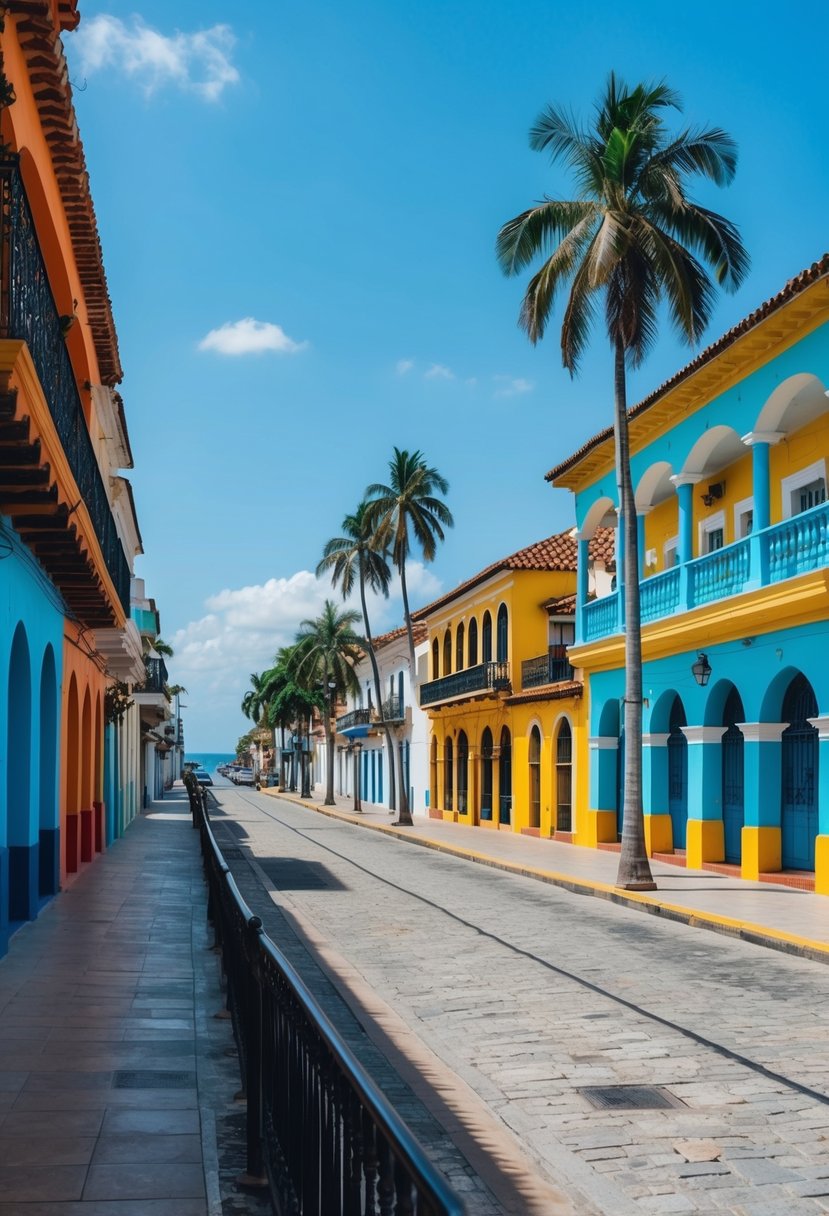 A colorful street in Cartagena, Colombia, with vibrant buildings, palm trees, and a clear blue sky, perfect for an affordable honeymoon destination illustration