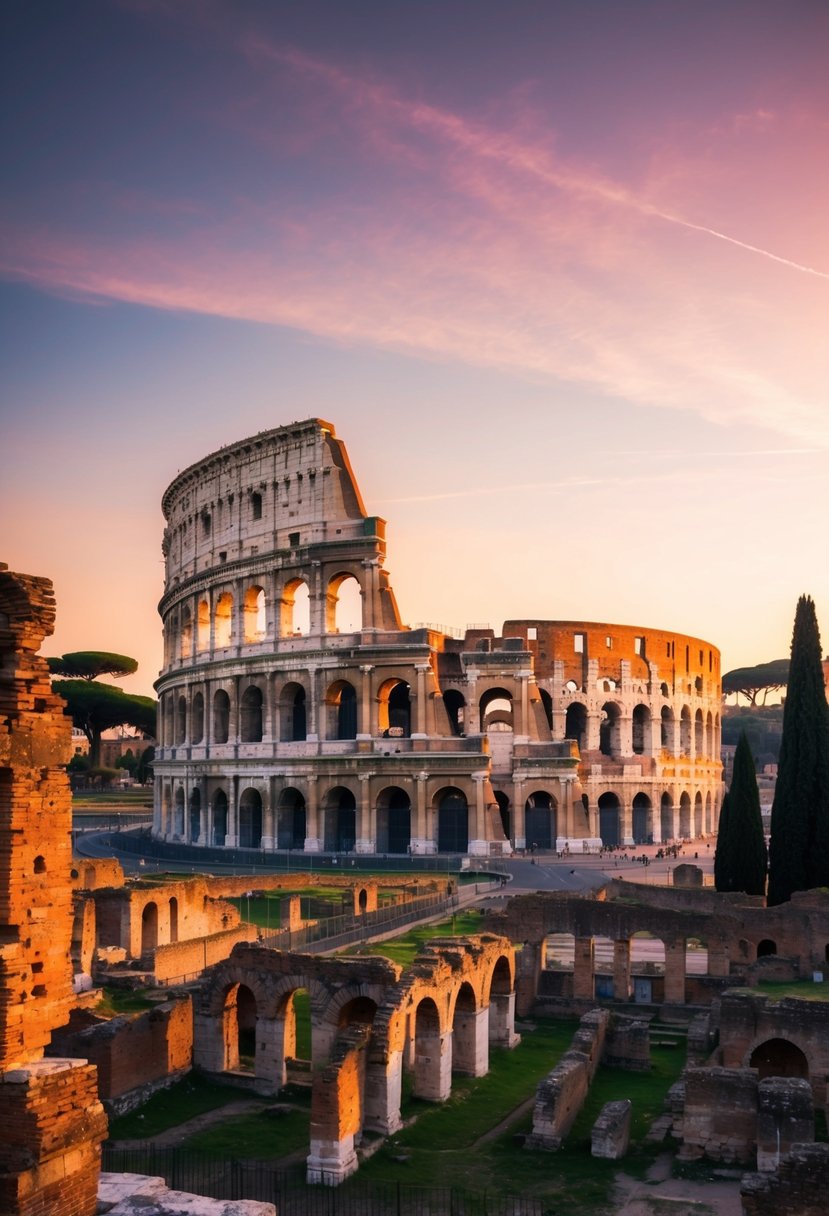 The iconic Colosseum and ancient ruins of Rome's historic sites, set against a romantic sunset backdrop