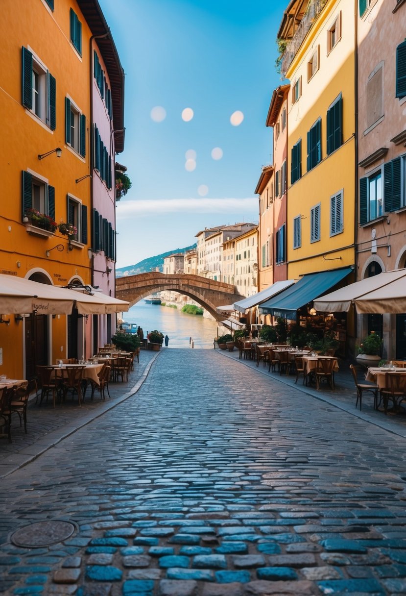 A charming cobblestone street in Verona, Italy, lined with colorful buildings and romantic cafes, with the backdrop of the beautiful Adige River