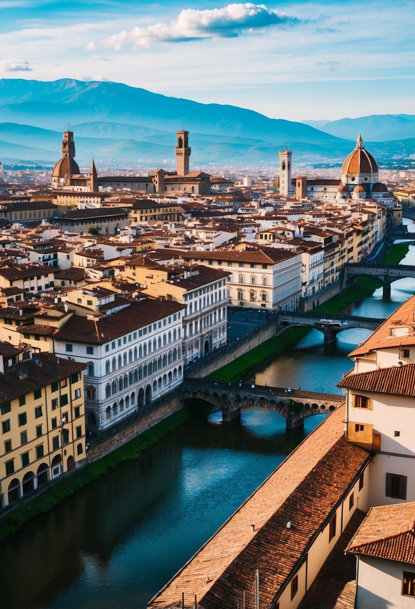 A picturesque view of Florence, Italy with its iconic red rooftops, historic buildings, and the Arno River flowing through the city