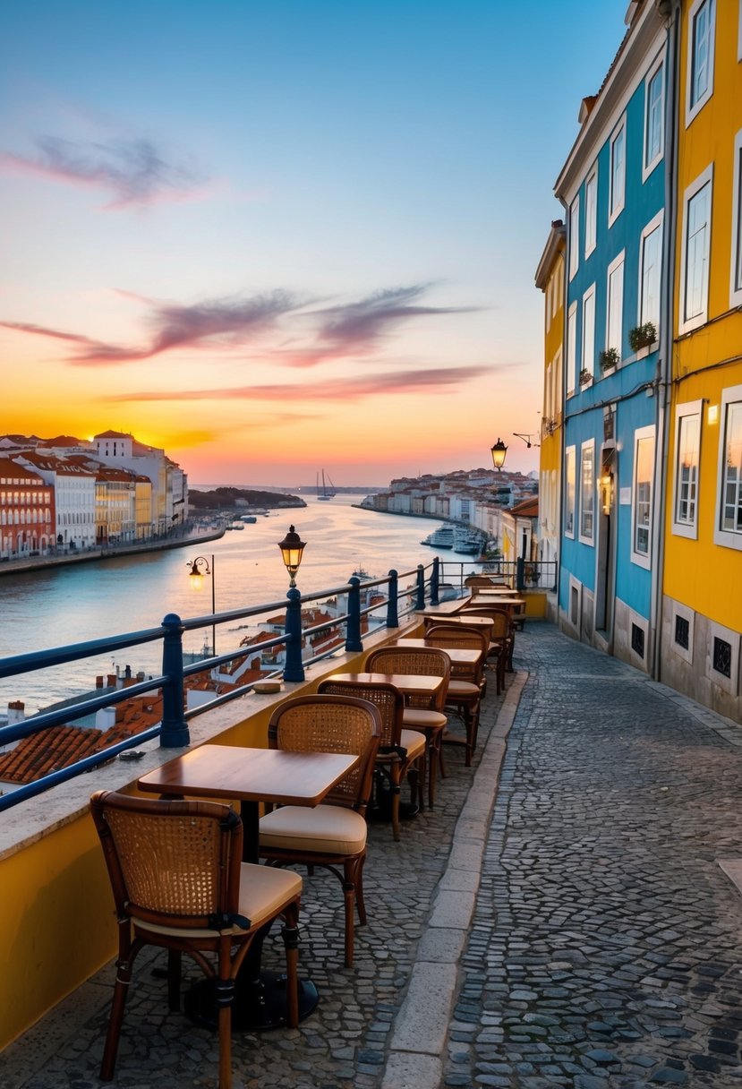 A cozy outdoor cafe in Lisbon, with colorful buildings and cobblestone streets, overlooking the Tagus River at sunset