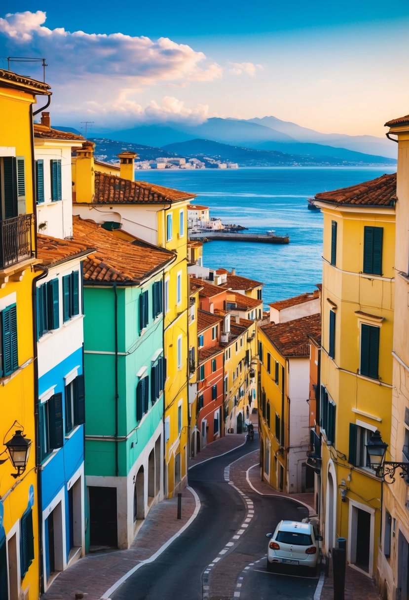 A picturesque coastal town with colorful buildings, winding streets, and stunning views of the Bay of Naples