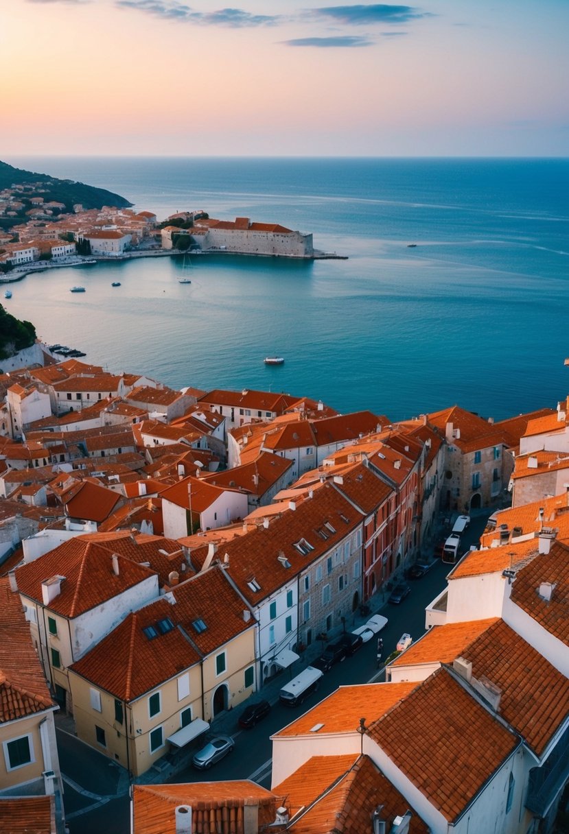 A picturesque coastal town with red-roofed buildings, winding streets, and a stunning view of the Adriatic Sea