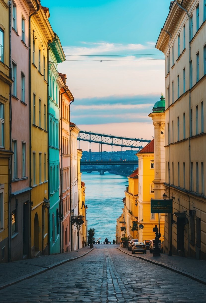 A charming street in Budapest, lined with colorful buildings and cobblestone streets, with a view of the iconic Chain Bridge over the Danube River