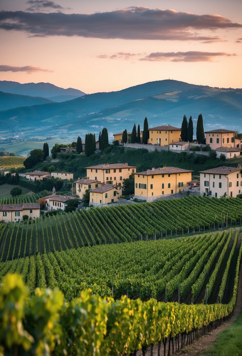 Rolling hills, vineyards, and charming villages in the Piedmont Wine Region of Italy