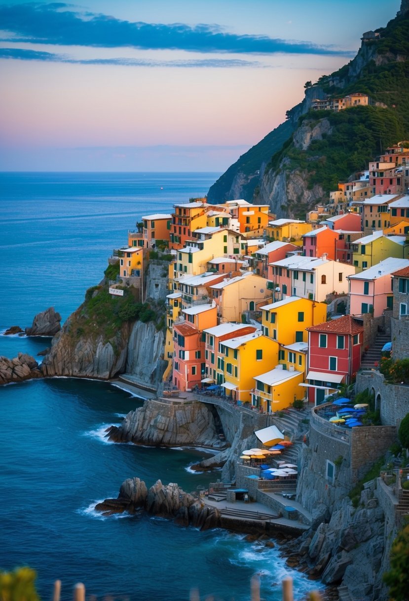 A coastal village in Cinque Terre, Italy with colorful houses clinging to the cliffs overlooking the Mediterranean Sea