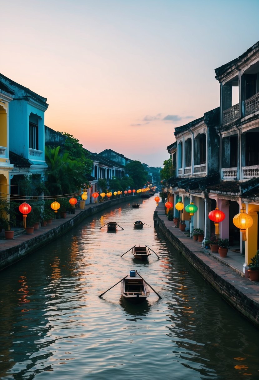 A serene river flowing through the ancient town of Hoi An, Vietnam, with colorful lanterns lining the streets and traditional boats floating on the water