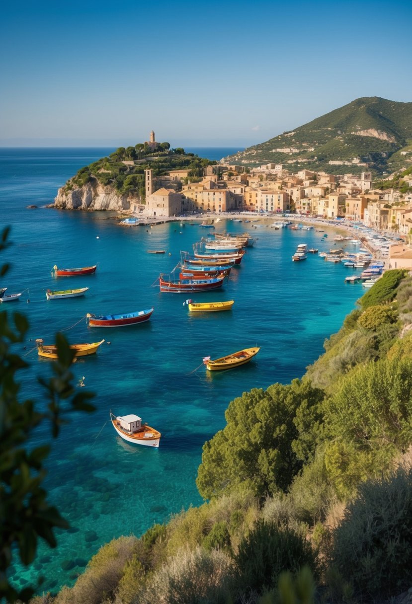 A picturesque view of the Sicilian coastline with crystal-clear blue waters, colorful fishing boats, and charming coastal villages nestled among lush green hills