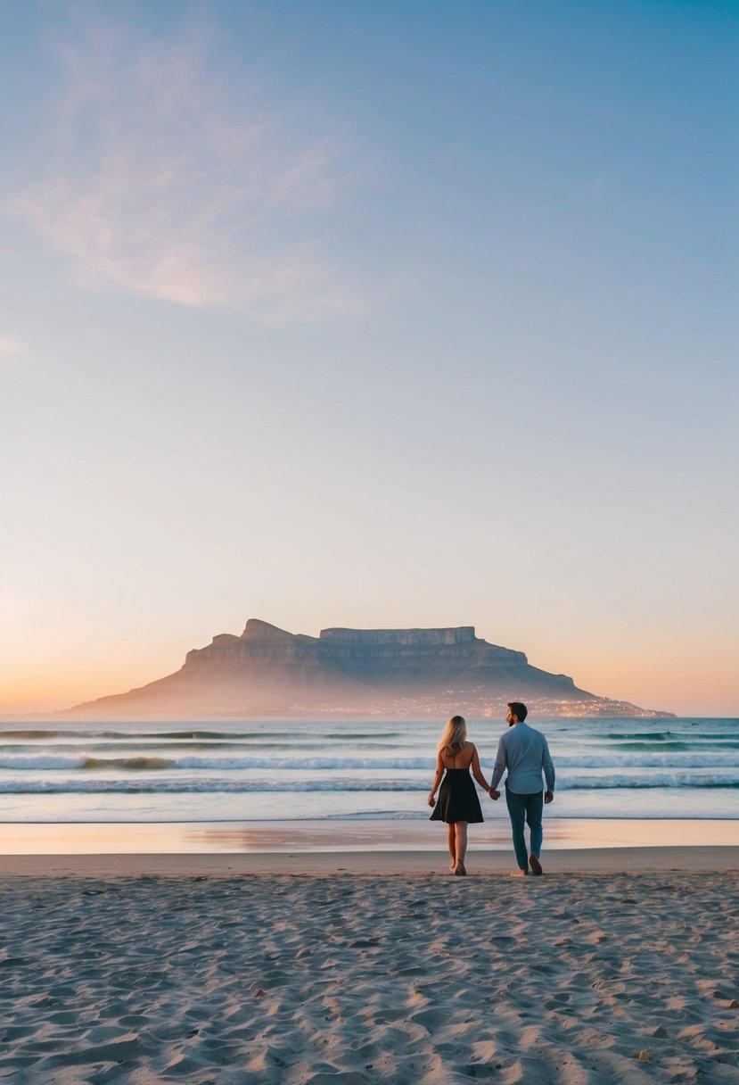 A serene beach at sunset, with Table Mountain in the background and a couple strolling hand in hand