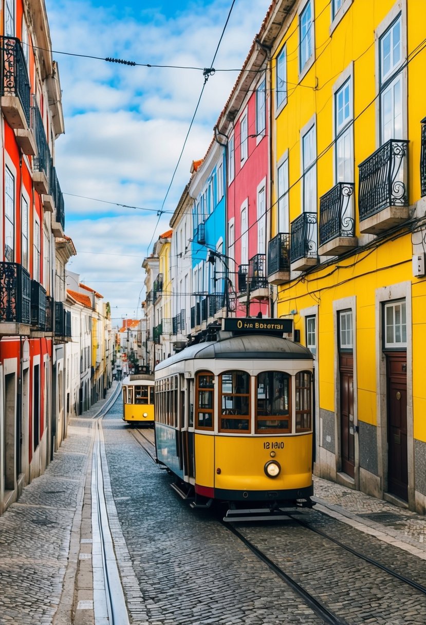 A charming street in Lisbon, Portugal, lined with colorful buildings and cobblestone streets, with the iconic yellow tram passing by