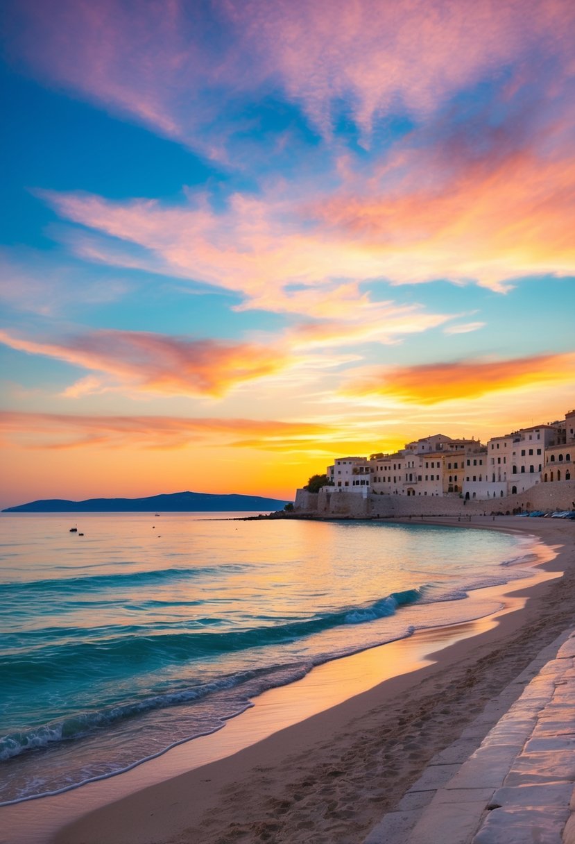 A serene beach at sunset, with crystal clear waters and a colorful sky, surrounded by traditional Italian architecture in Puglia, Italy