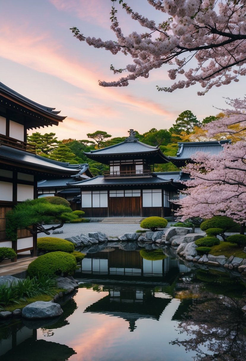 A serene Kyoto garden with traditional wooden buildings, blooming cherry blossoms, and a tranquil pond