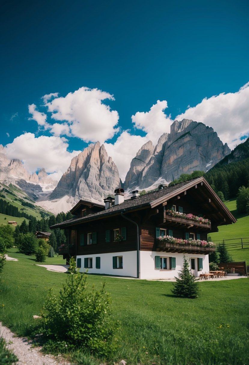 A cozy mountain chalet nestled in the Dolomites, surrounded by lush greenery and towering peaks, with a clear blue sky overhead