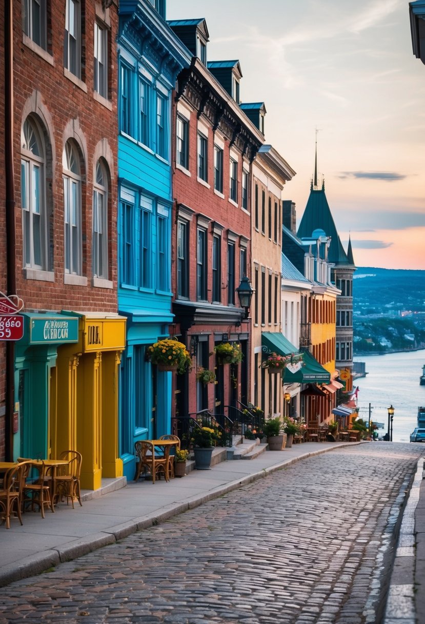 A charming cobblestone street in Old Quebec City, lined with colorful historic buildings and quaint cafes, set against a backdrop of the St. Lawrence River