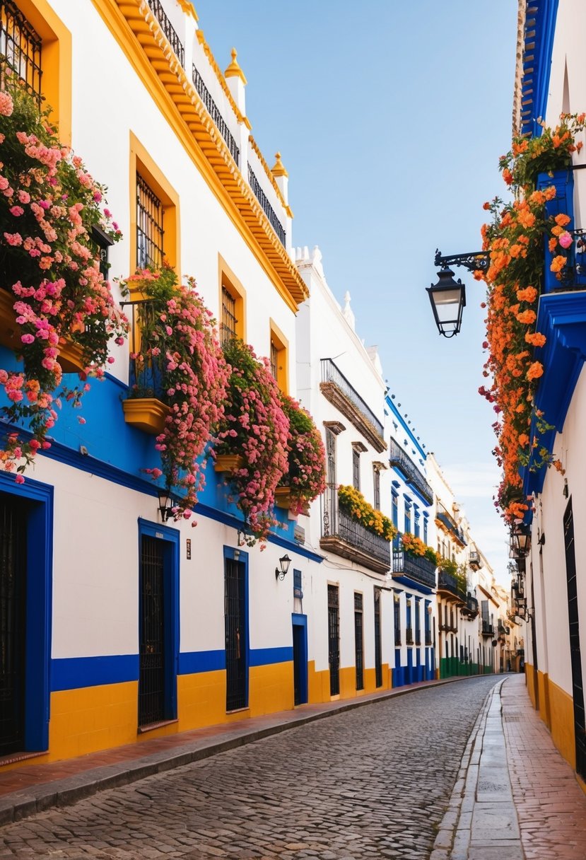 A charming street in Seville, Spain with colorful buildings, cobblestone streets, and vibrant flowers cascading from balconies