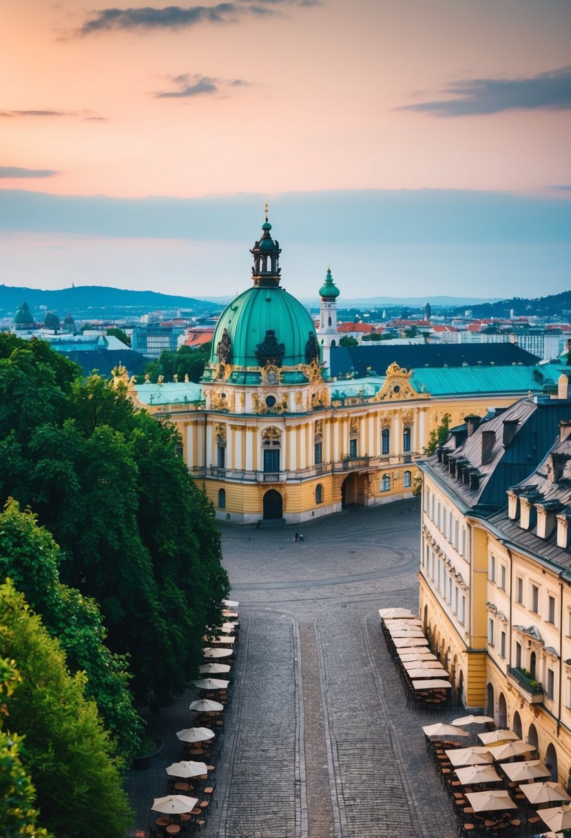 A picturesque view of Vienna's historic architecture, with cobblestone streets, grand palaces, and charming cafes nestled among lush greenery