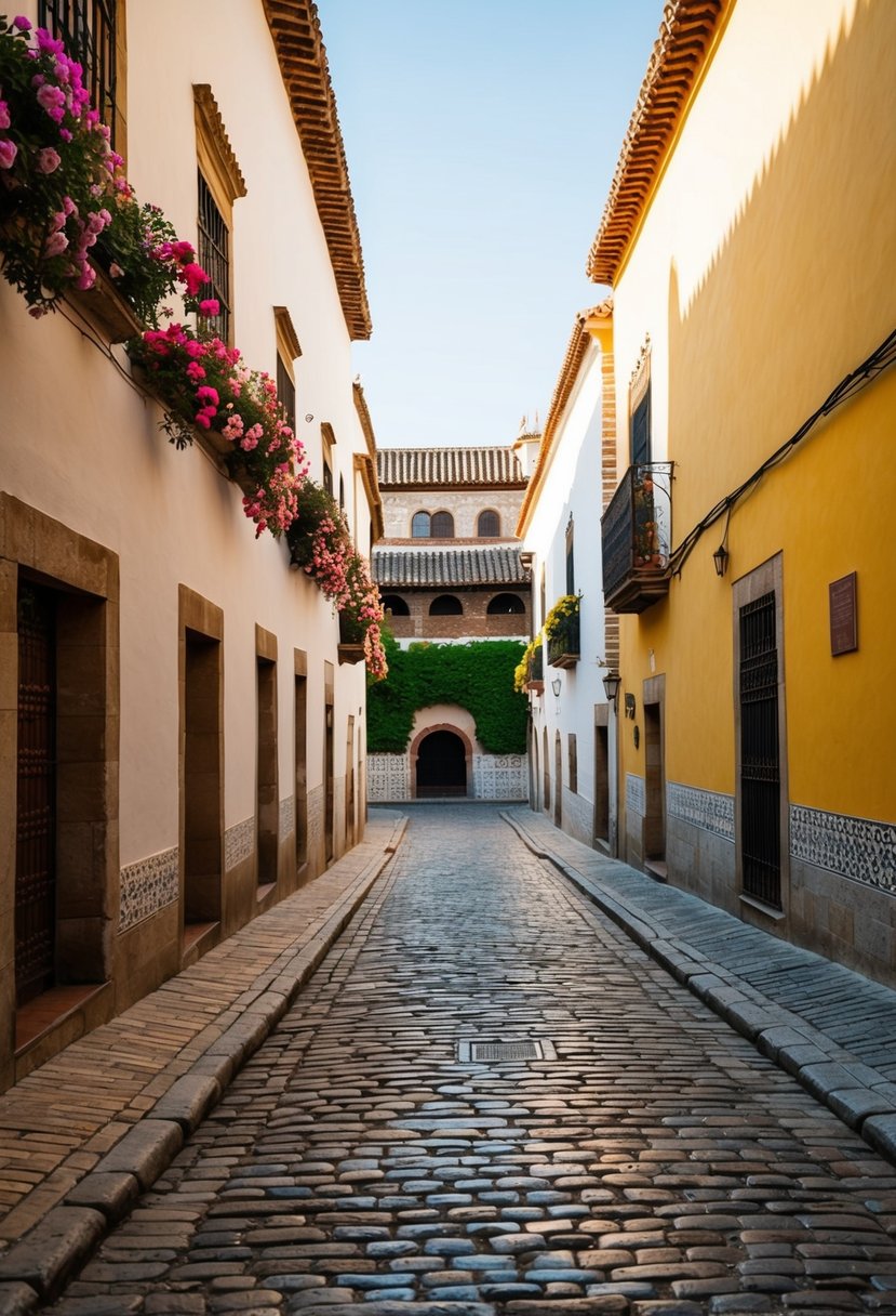 A charming cobblestone street in Granada, Spain, lined with colorful buildings and blooming flowers, leading towards the iconic Alhambra palace