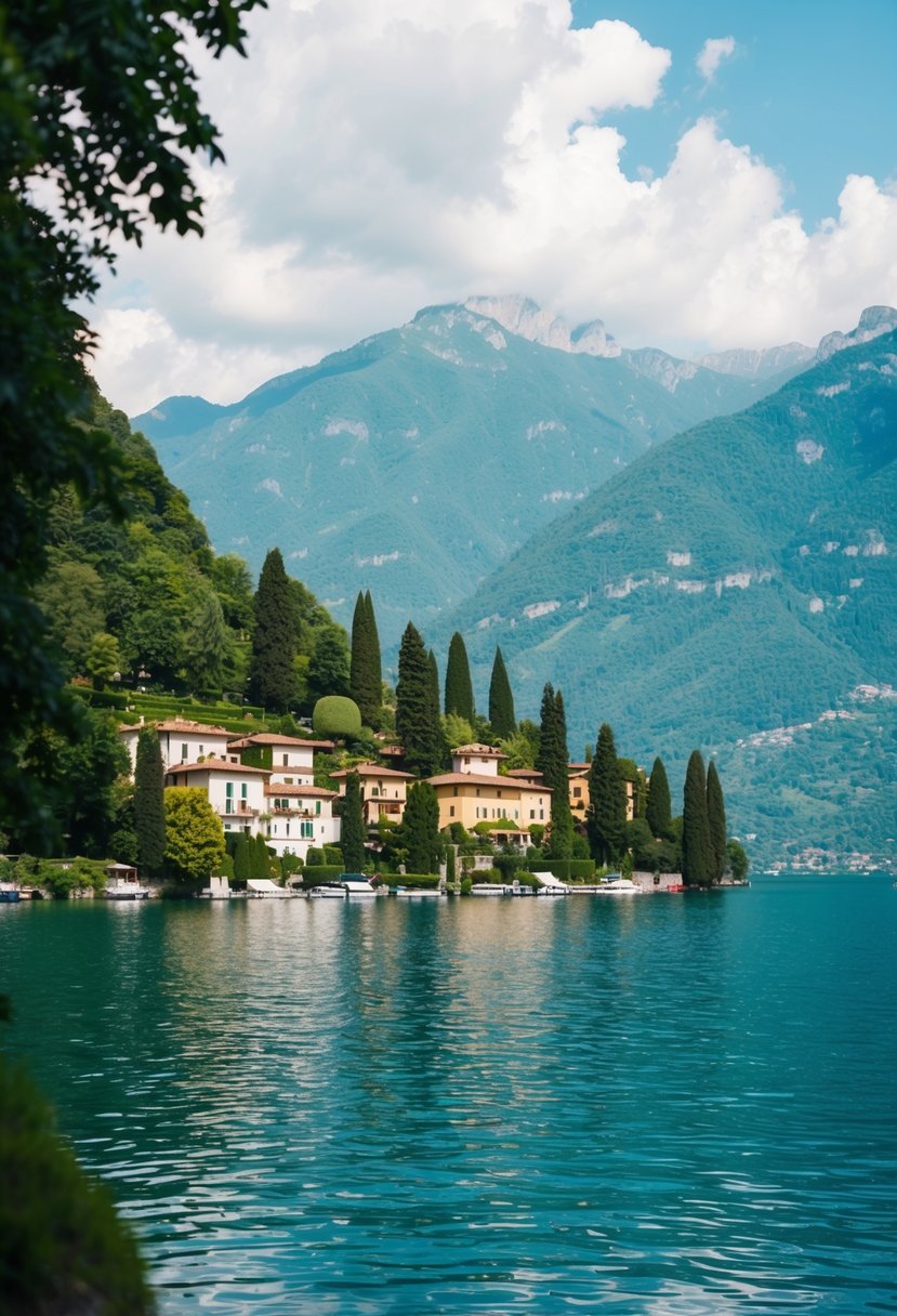 A serene lake surrounded by lush green mountains and charming villas in Lake Como, Italy