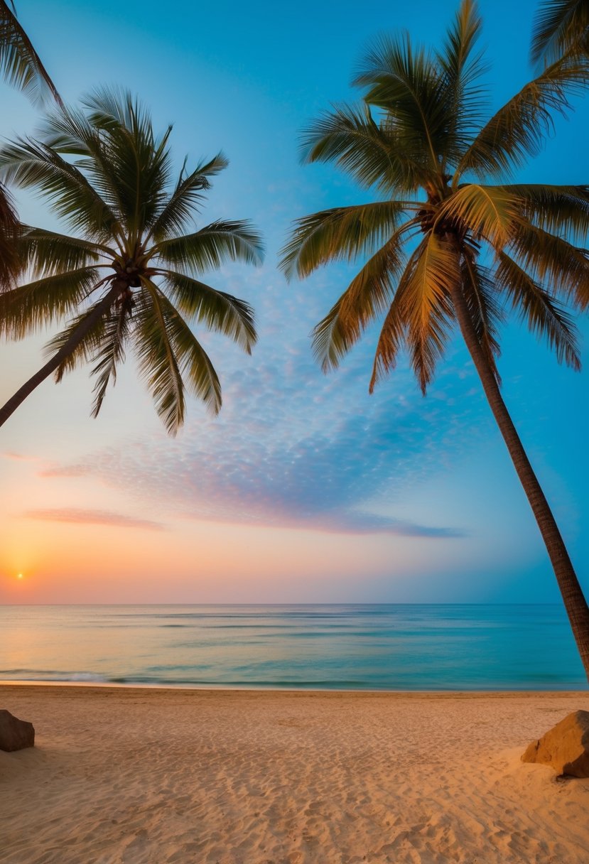 A serene beach in Goa, India with palm trees, clear blue water, and a colorful sunset