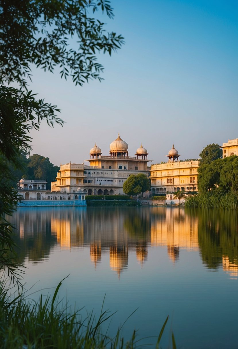 A serene lake in Udaipur reflects the city's palaces and temples, surrounded by lush greenery and a tranquil atmosphere
