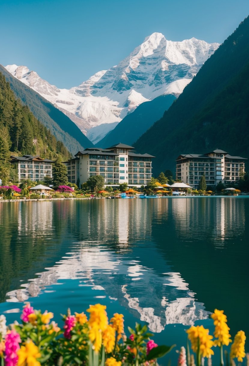 A serene lakeside resort in the Himalayas, with snow-capped peaks and lush greenery, surrounded by colorful flowers and a peaceful ambiance