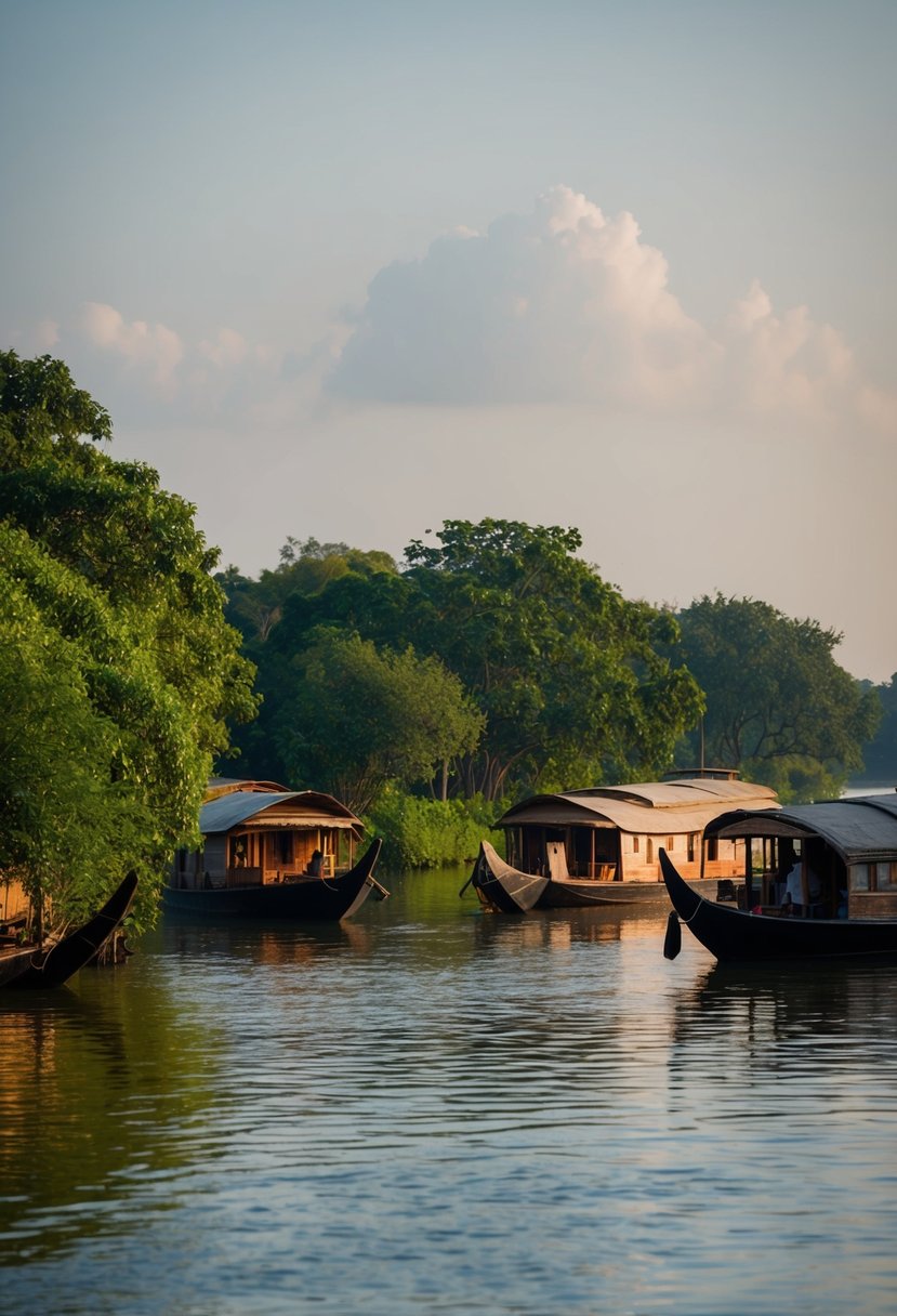 A serene backwater landscape in Alleppey, India, with lush greenery, traditional houseboats, and a tranquil waterway