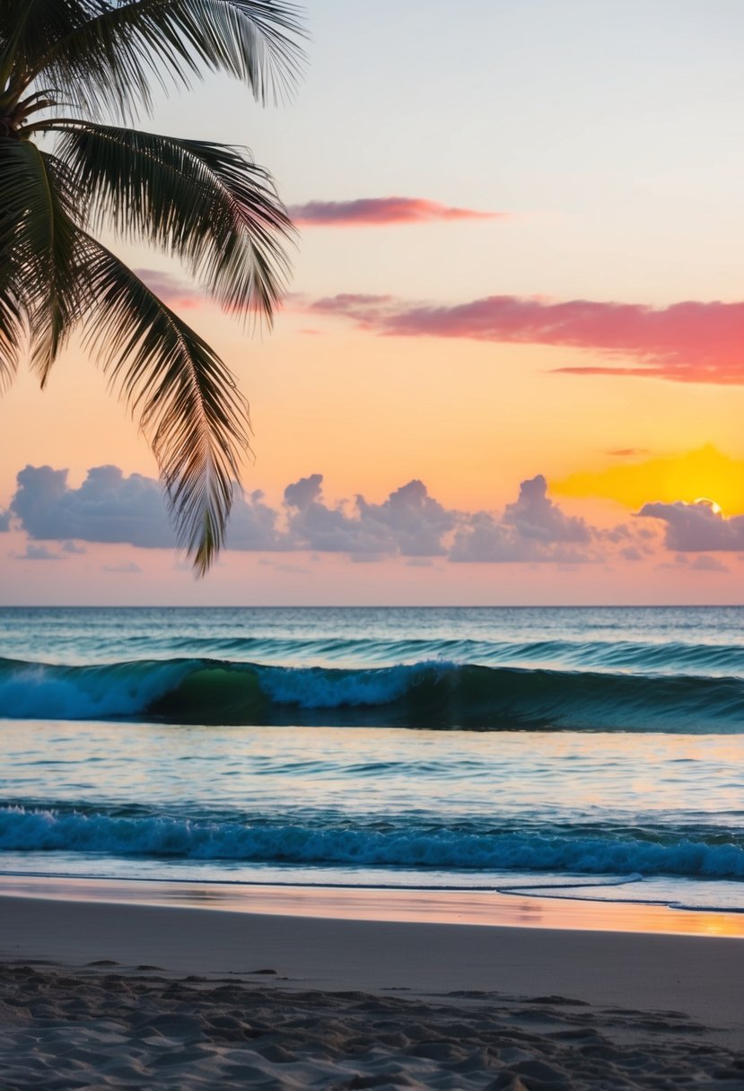 A serene beach at sunset, with palm trees, gentle waves, and a colorful sky