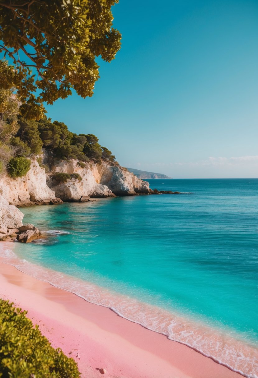 Turquoise waters meet pink sand at Elafonissi Beach, Crete. Sunlight glistens on the calm waves, surrounded by rocky cliffs and lush greenery
