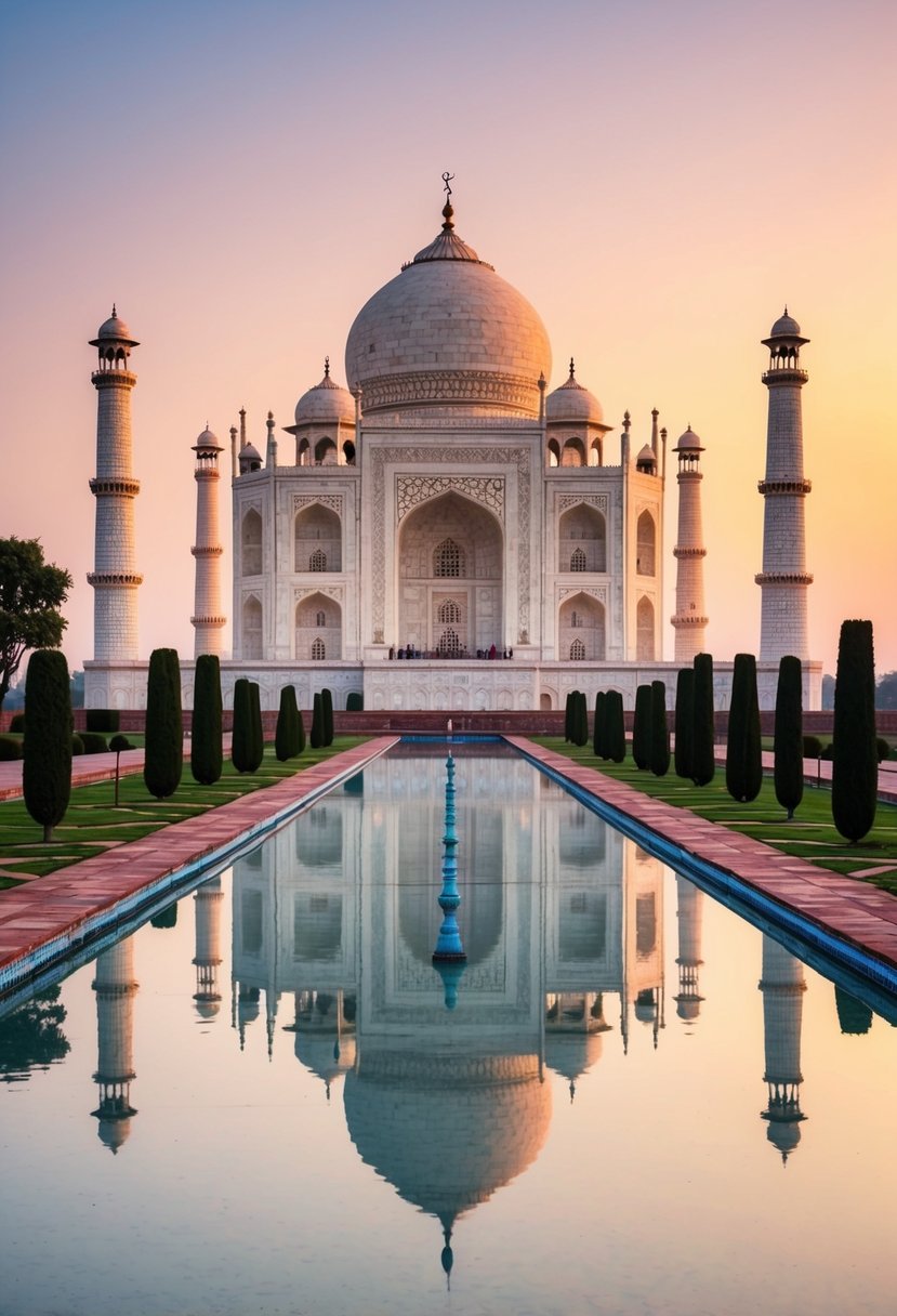 The iconic Taj Mahal in Agra, India, surrounded by lush gardens and reflecting in the tranquil waters of the Yamuna River