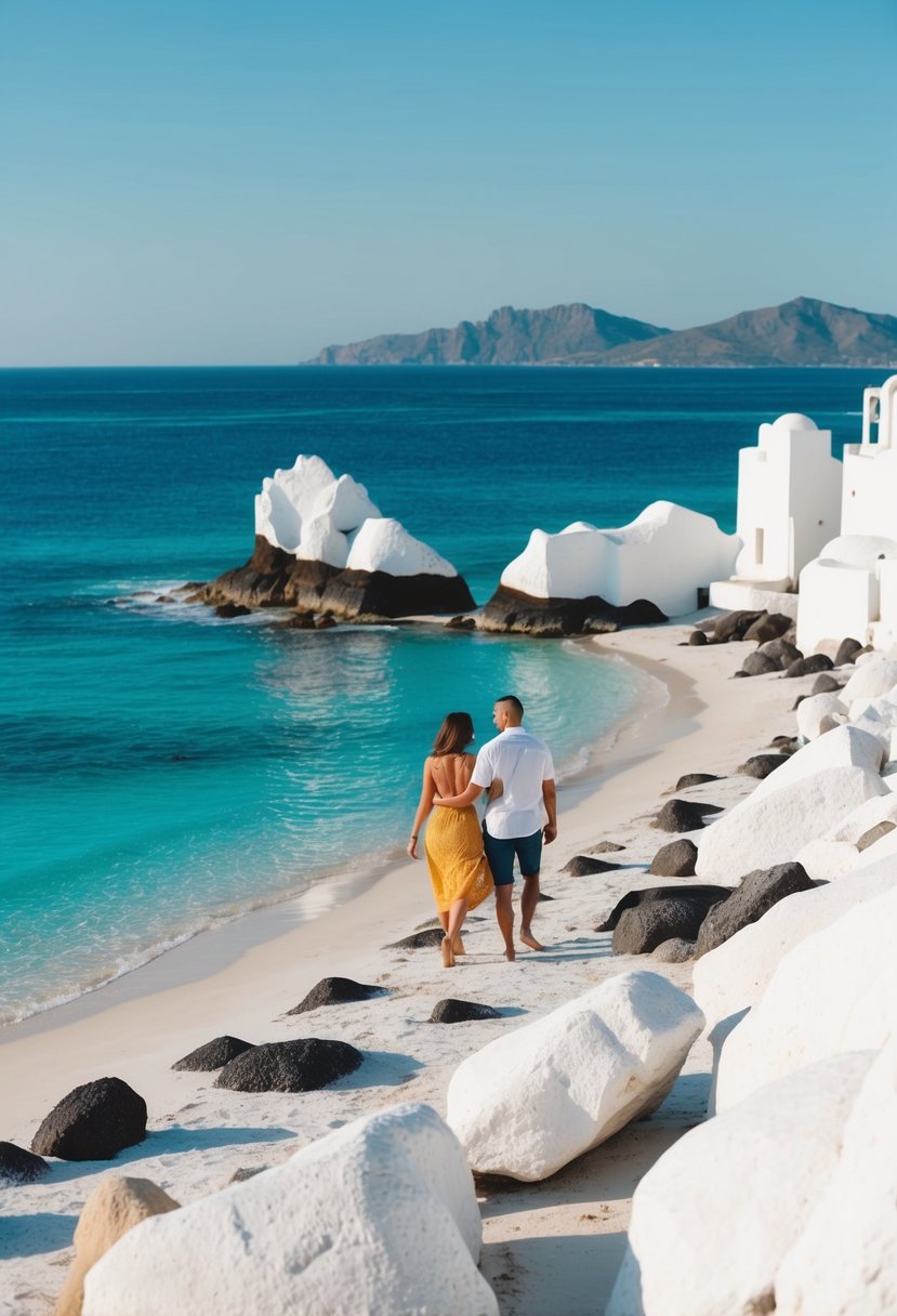 A couple strolls along the white volcanic rock formations at Sarakiniko Beach, with turquoise waters and clear blue skies in the background