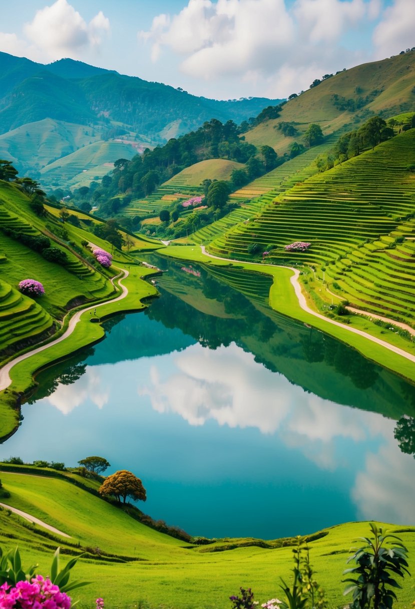 A lush, rolling landscape with vibrant flowers, winding paths, and a serene lake nestled among the hills of Ooty, India