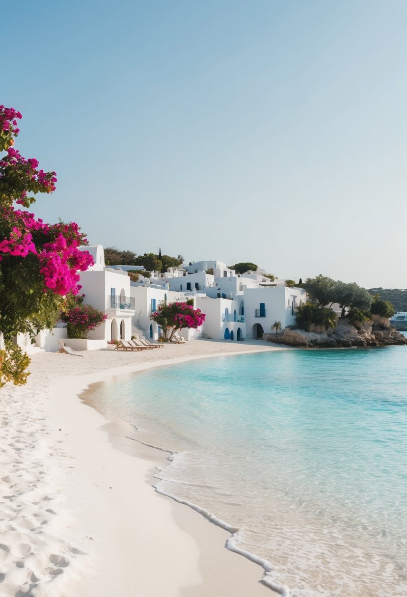 A serene beach with white sand and crystal-clear waters, surrounded by picturesque white-washed buildings and colorful bougainvillea in bloom