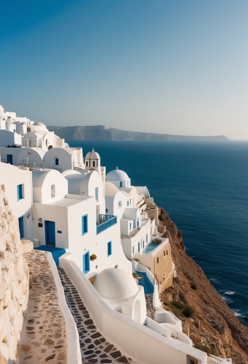 A picturesque Kastro village perched on a cliff overlooking the Aegean Sea, with white-washed buildings and narrow cobblestone streets