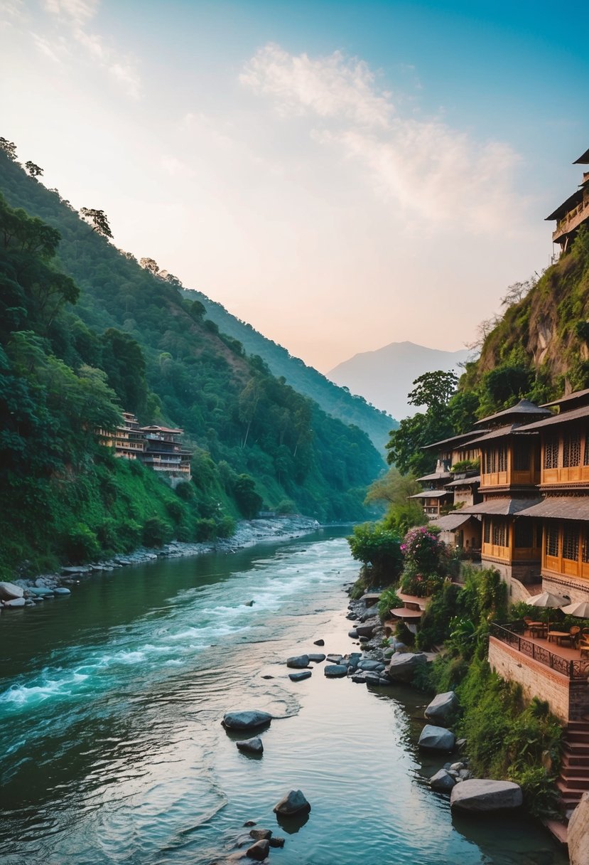 A serene riverside retreat in Rishikesh, India, with lush greenery, a flowing river, and a peaceful atmosphere perfect for a romantic honeymoon