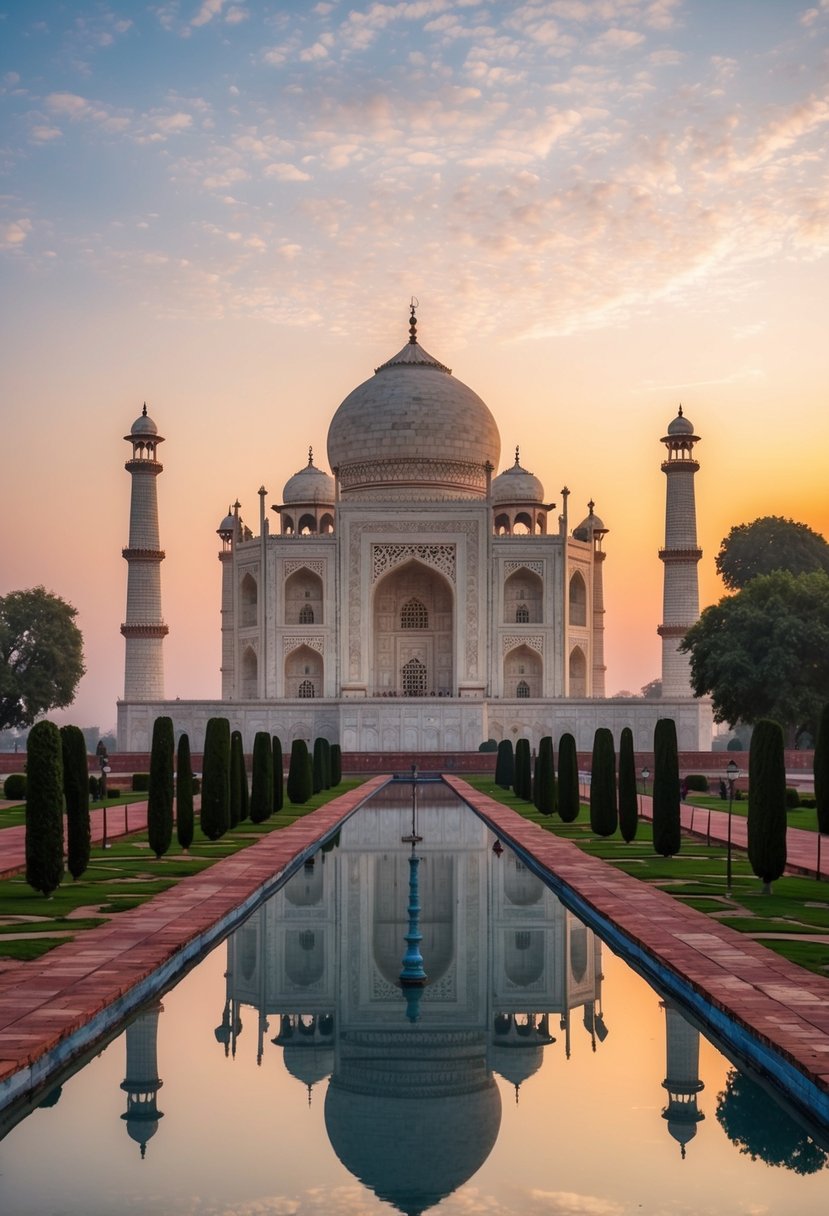 The iconic Taj Mahal at sunset, surrounded by lush gardens and reflecting in the tranquil waters of the Yamuna River