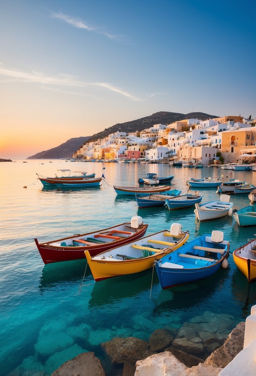A serene harbor with colorful boats nestled in the calm waters of Hydra, Greece. The sun sets behind the picturesque town, casting a warm glow over the idyllic honeymoon destination