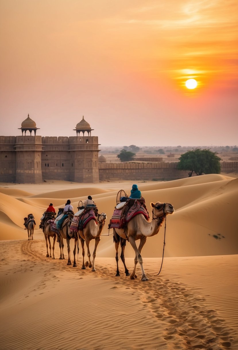 A camel caravan treks through the golden sand dunes of Jaisalmer, with an ancient fort and a colorful sunset in the background